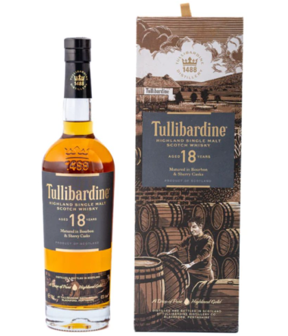 Fles Tullibardine 18 Years Old, Schotse single malt whisky uit Blackford, bij slijterij ’t Bockje in Bathmen
