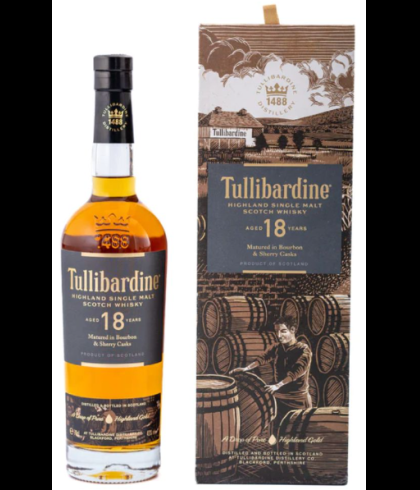 Fles Tullibardine 18 Years Old, Schotse single malt whisky uit Blackford, op voorraad bij slijterij t Bockje in Bathmen