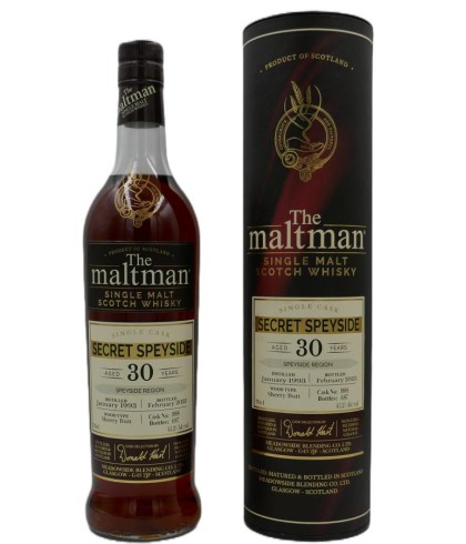 Fles The Maltman Secret Speyside 1993, enkel vat gebotteld door The Maltman uit Glasgow, op voorraad bij slijterij t Bockje in Bathmen