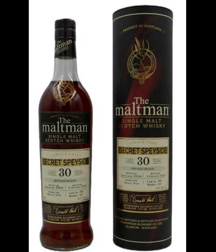 Fles The Maltman Secret Speyside 1993, enkel vat gebotteld door The Maltman uit Glasgow, op voorraad bij slijterij t Bockje in Bathmen