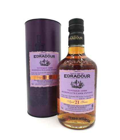 Fles Edradour 21 Years Old 1990 Bordeaux Cask Finish, single malt whisky, op voorraad bij slijterij t Bockje in Bathmen