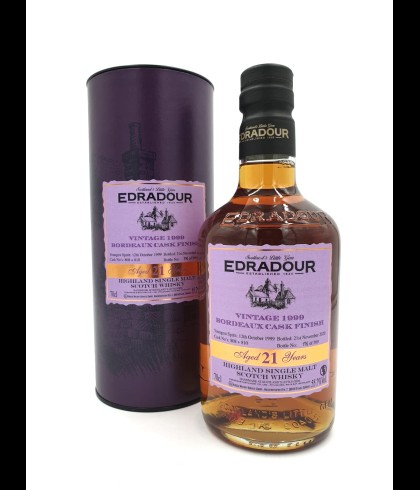 Fles Edradour 21 Years Old 1990 Bordeaux Cask Finish, single malt whisky, op voorraad bij slijterij t Bockje in Bathmen