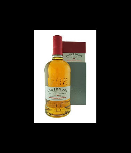 Fles Tobermory 20 Years Old, single malt whisky van het eiland Mull, op voorraad bij slijterij t Bockje in Bathmen