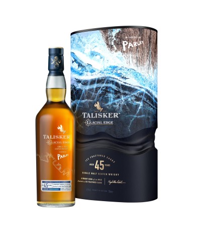 Fles Talisker Glacial Edge 45 Years Old, single malt whisky van het eiland Skye, op voorraad bij slijterij t Bockje in Bathmen