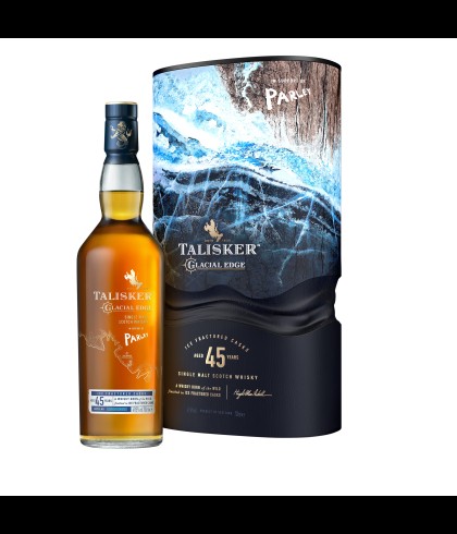 Fles Talisker Glacial Edge 45 Years Old, single malt whisky van het eiland Skye, op voorraad bij slijterij t Bockje in Bathmen