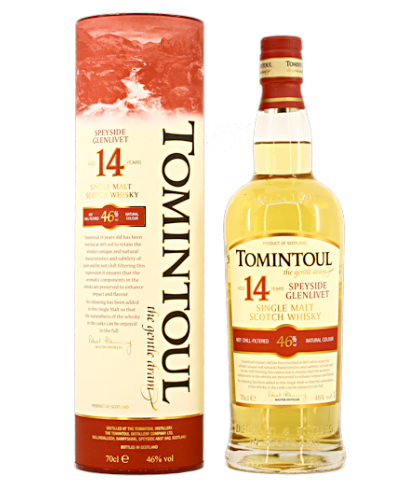 Fles Tomintoul 14 Years Old, Speyside single malt whisky, op voorraad bij slijterij t Bockje in Bathmen