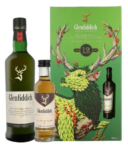 Geschenk Glenfiddich Giftpack 12 Years Old + 15 Years Old miniatuur, bij slijterij ’t Bockje in Bathmen