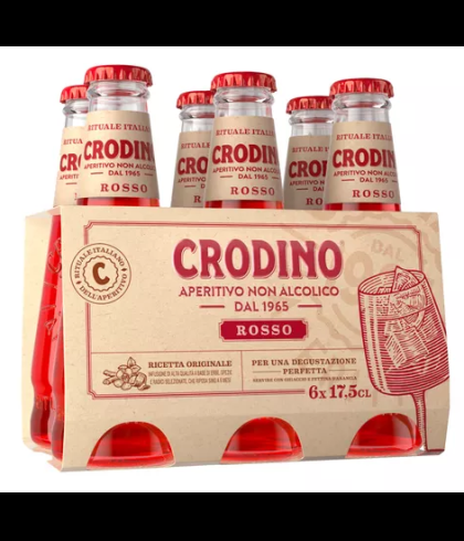 Verpakking Crodino Rosso met zes flesjes, Italiaans alcoholvrij bitteraperitief, op voorraad bij slijterij t Bockje in Bathmen