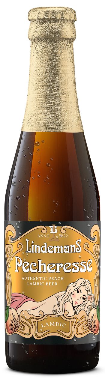 Fles Lindemans Pecheresse, bier van Lindemans, op voorraad bij slijterij t Bockje in Bathmen