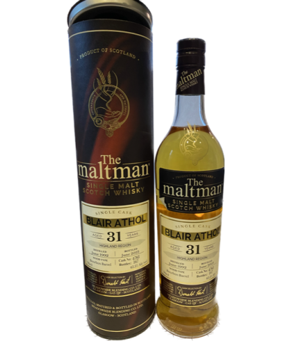 Fles The Maltman Blair Athol 1992 31 Years Old Bourbon Barrel, enkel vat gebotteld door The Maltman uit Glasgow, op voorraad bij slijterij t Bockje in Bathmen