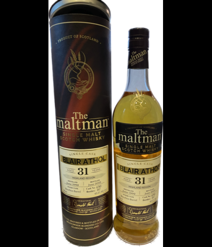 Fles The Maltman Blair Athol 1992 31 Years Old Bourbon Barrel, enkel vat gebotteld door The Maltman uit Glasgow, op voorraad bij slijterij t Bockje in Bathmen