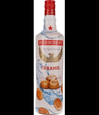 Fles Rushkinoff Caramel van een liter, wodka op smaak, op voorraad bij slijterij t Bockje in Bathmen