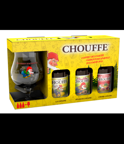 La Chouffe Ontdekkingspakket met drie flesjes en een Chouffe-glas, bij slijterij t Bockje in Bathmen