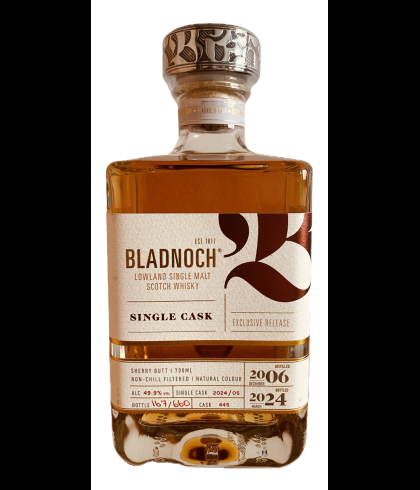 Fles Bladnoch Single Cask 17 Years Old 2006 #445, single malt whisky, op voorraad bij slijterij t Bockje in Bathmen