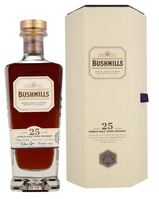 Fles Bushmills 25 Years Old Prestige Collection, single malt whisky, op voorraad bij slijterij t Bockje in Bathmen