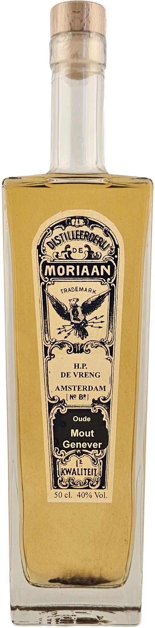 Fles Distilleerderij Moriaan Oude Mout Genever, jenever, bij slijterij ’t Bockje in Bathmen
