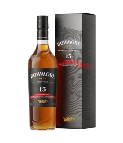 Fles Bowmore 15 Years Old Sherry Oak Cask, single malt whisky, op voorraad bij slijterij t Bockje in Bathmen