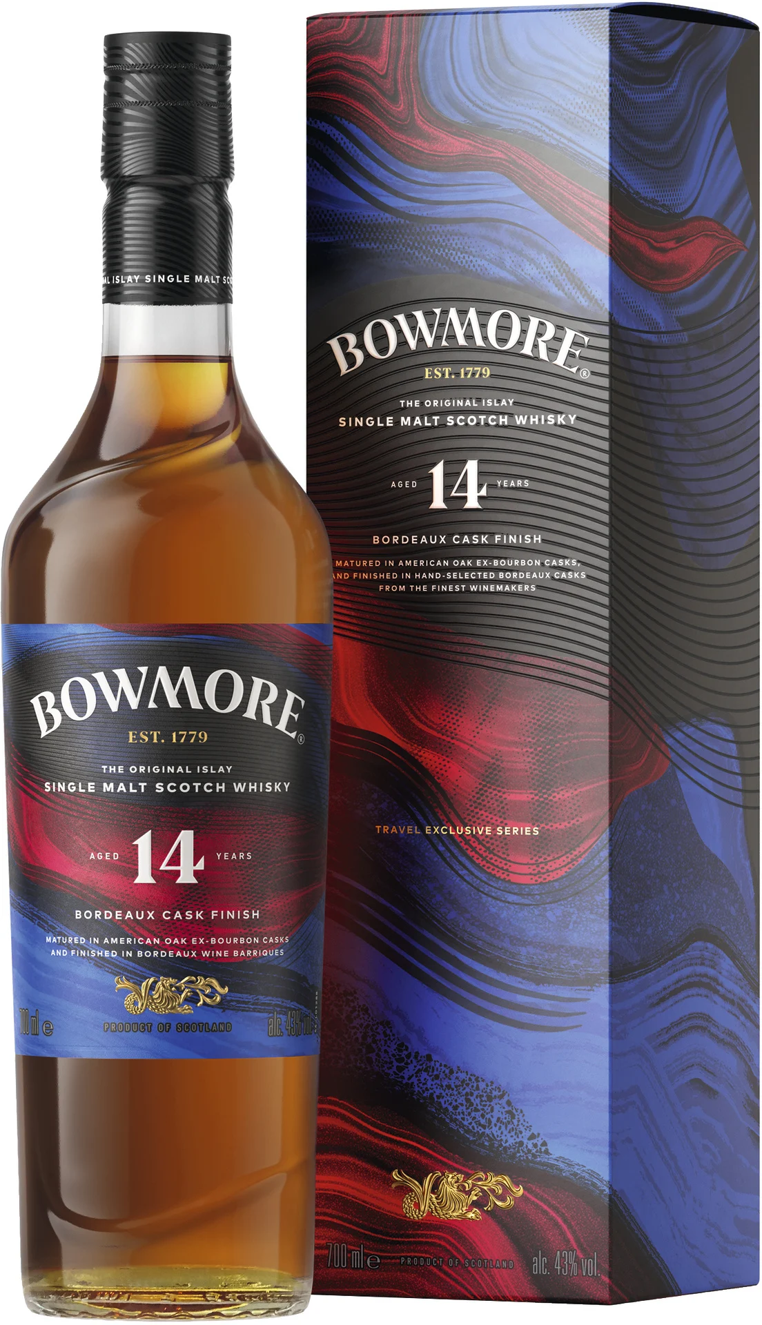 Fles Bowmore 14 Years Bordeaux Cask Finish, single malt whisky, op voorraad bij slijterij t Bockje in Bathmen