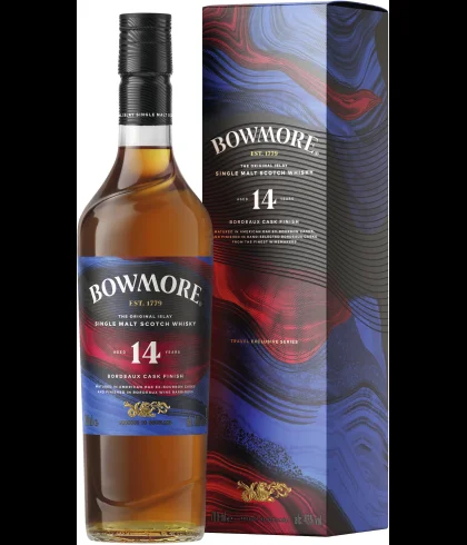 Fles Bowmore 14 Years Bordeaux Cask Finish, single malt whisky, op voorraad bij slijterij t Bockje in Bathmen