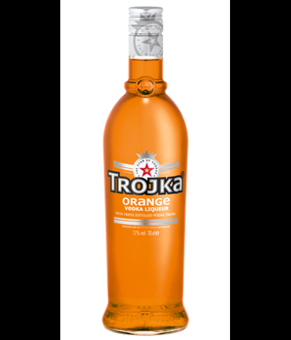 Fles Trojka Orange, Zwitserse wodkalikeur, op voorraad bij slijterij t Bockje in Bathmen