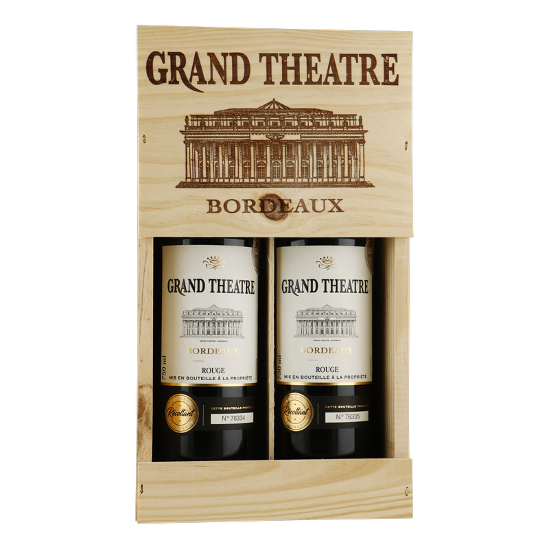 Bouteille de Grand Theatre Bordeaux kist met 2 flessen, wijn, en stock