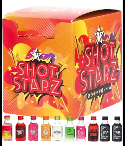 Verpakking Shot Starz met tien flesjes likeur van 2 centiliter, op voorraad bij slijterij t Bockje in Bathmen