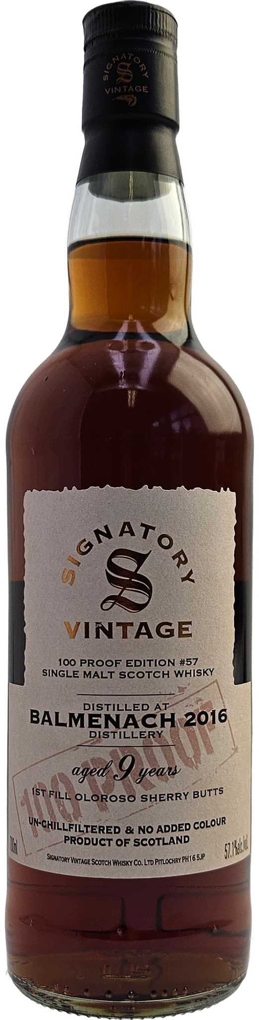 Fles Signatory Vintage Balmenach 2016 100 Proof Edition #57, whisky, op voorraad bij slijterij t Bockje in Bathmen