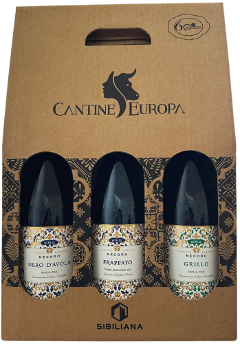 Fles Sibiliana Necoro 3-Pack Giftbox, wijn, op voorraad bij slijterij ’t Bockje in Bathmen