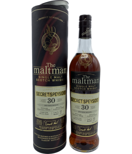Fles The Maltman Secret Speyside 30 Years Old, enkel vat gebotteld door The Maltman uit Glasgow, op voorraad bij slijterij t Bockje in Bathmen