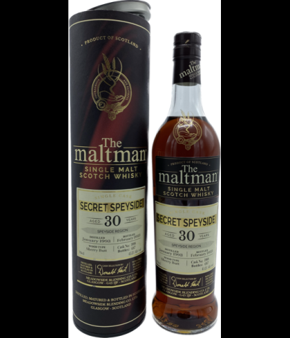 Fles The Maltman Secret Speyside 30 Years Old, enkel vat gebotteld door The Maltman uit Glasgow, op voorraad bij slijterij t Bockje in Bathmen
