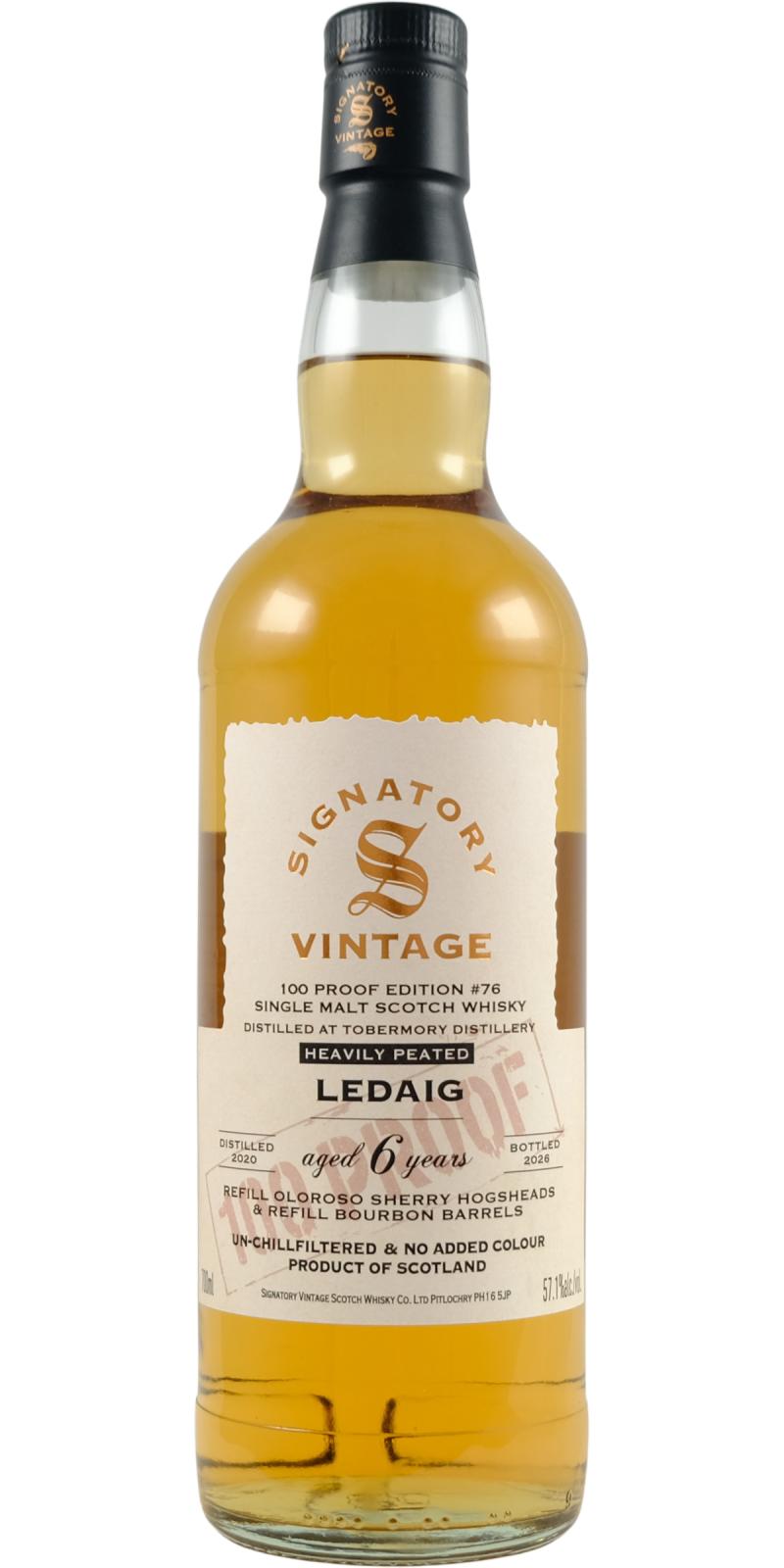 Fles Signatory Vintage Ledaig 6 Years Old 2020 100 Proof #76, enkel vat gebotteld door Signatory Vintage, op voorraad bij slijterij t Bockje in Bathmen