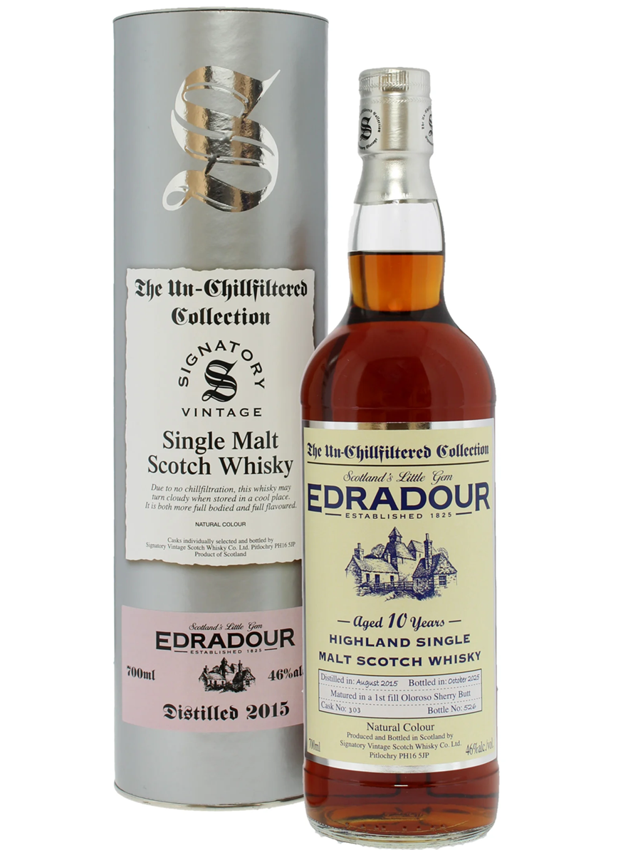 Fles Edradour 10 Years Old 2015 Signatory Unchillfiltered #303, enkel vat gebotteld door Signatory Vintage, op voorraad bij slijterij t Bockje in Bathmen