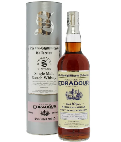 Fles Edradour 10 Years Old 2015 Signatory Unchillfiltered #303, enkel vat gebotteld door Signatory Vintage, op voorraad bij slijterij t Bockje in Bathmen