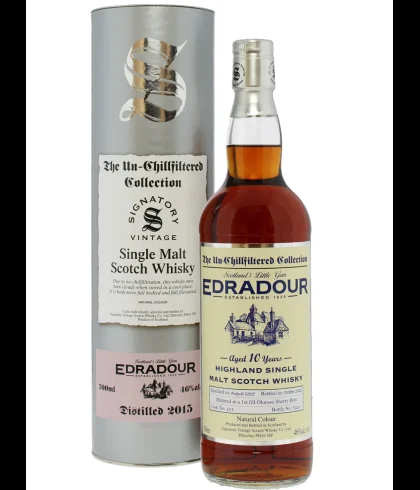 Fles Edradour 10 Years Old 2015 Signatory Unchillfiltered #303, enkel vat gebotteld door Signatory Vintage, op voorraad bij slijterij t Bockje in Bathmen
