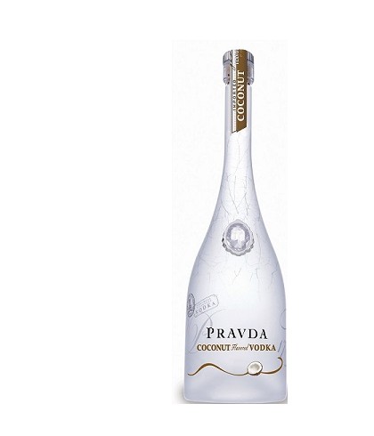 Fles Pravda Coconut, wodka, op voorraad bij slijterij t Bockje in Bathmen