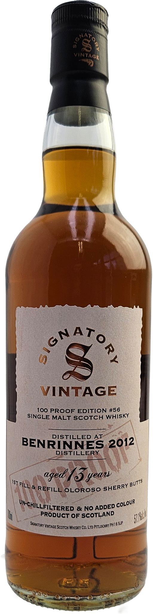 Fles Signatory Vintage Benrinnes 2012 100 Proof Edition #56, single malt whisky, op voorraad bij slijterij t Bockje in Bathmen