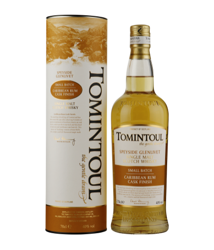 Fles Tomintoul Caribbean Rum Cask Finish, Speyside single malt whisky, op voorraad bij slijterij t Bockje in Bathmen