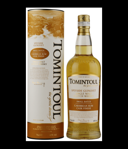 Fles Tomintoul Caribbean Rum Cask Finish, Speyside single malt whisky, op voorraad bij slijterij t Bockje in Bathmen