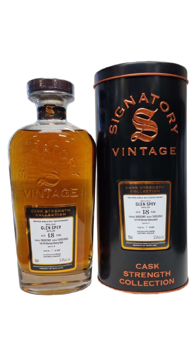Fles Signatory Vintage Glen Spey 18 Years Old 2007 Cask Strength #4, enkel vat gebotteld door Signatory Vintage, op voorraad bij slijterij t Bockje in Bathmen