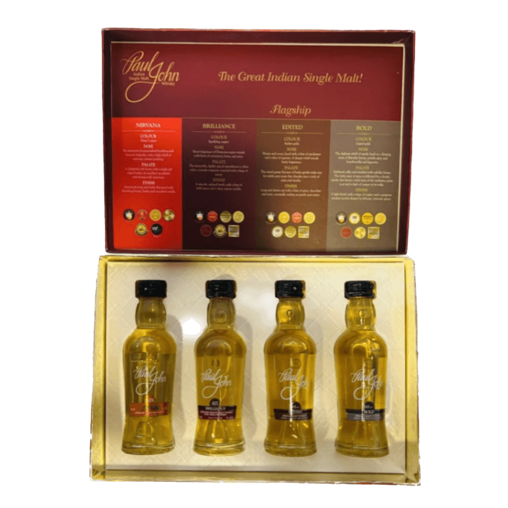 Fles Paul John proefpakket, Indiase single malt whisky uit Goa, op voorraad bij slijterij t Bockje in Bathmen