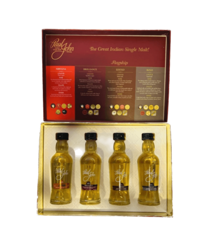 Fles Paul John proefpakket, Indiase single malt whisky uit Goa, op voorraad bij slijterij t Bockje in Bathmen