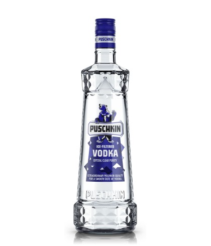 Fles Puschkin Vodka, wodka, bij slijterij t Bockje in Bathmen