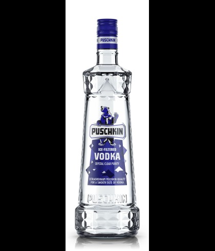 Fles Puschkin Vodka, wodka, bij slijterij t Bockje in Bathmen