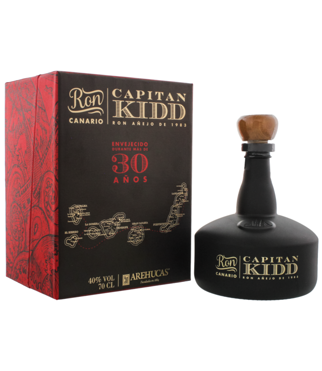 Fles Ron Arehucas 30 Years Old Capitan Kidd, rum, op voorraad bij slijterij ’t Bockje in Bathmen