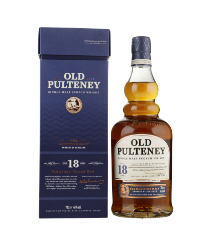Fles Old Pulteney 18 Years Old, Schotse Highland single malt uit Wick, op voorraad bij slijterij t Bockje in Bathmen
