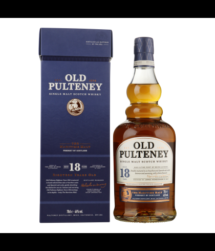 Fles Old Pulteney 18 Years Old, Schotse Highland single malt uit Wick, op voorraad bij slijterij t Bockje in Bathmen