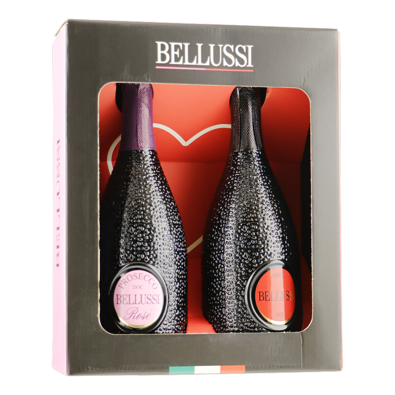 Fles Bellussi Giftbox Cuvee Prestige & Prosecco Rose, wijn, op voorraad bij slijterij t Bockje in Bathmen
