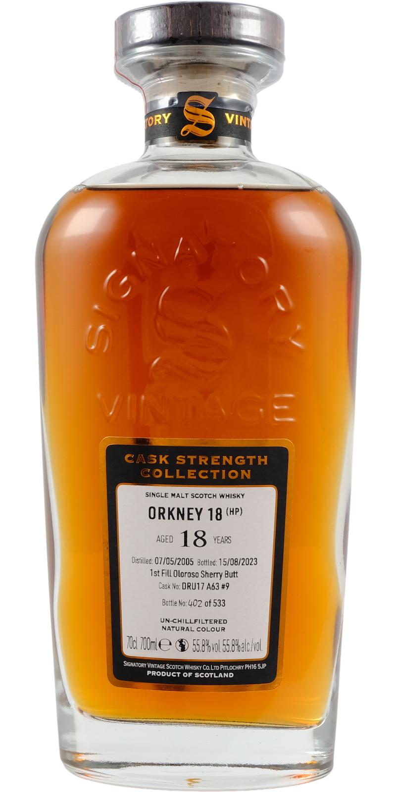 Fles Signatory Vintage Cask Strength Collection Orkney 18 Years Old #DRU 17/A63 #9, enkel vat gebotteld door Signatory Vintage, op voorraad bij slijterij t Bockje in Bathmen