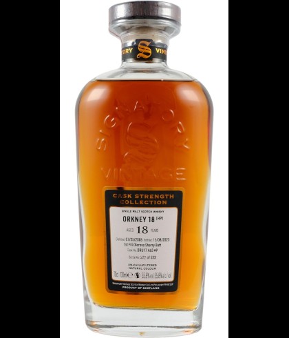 Fles Signatory Vintage Cask Strength Collection Orkney 18 Years Old #DRU 17/A63 #9, enkel vat gebotteld door Signatory Vintage, op voorraad bij slijterij t Bockje in Bathmen