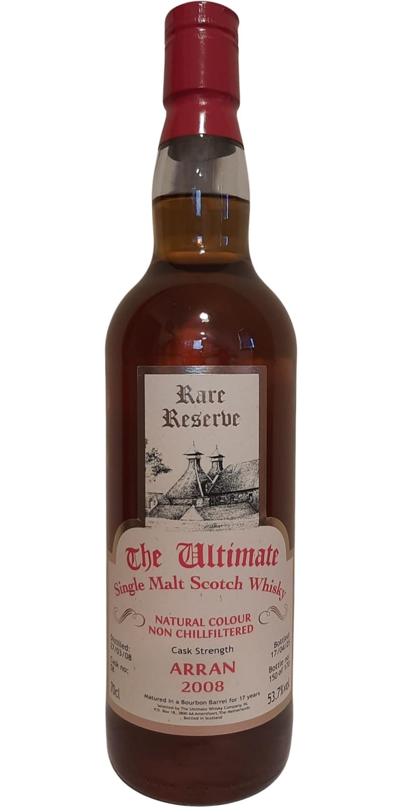 Fles The Ultimate Rare Reserve Arran 2008 Cask Strength, enkel vat gebotteld door The Ultimate uit Amersfoort, op voorraad bij slijterij t Bockje in Bathmen